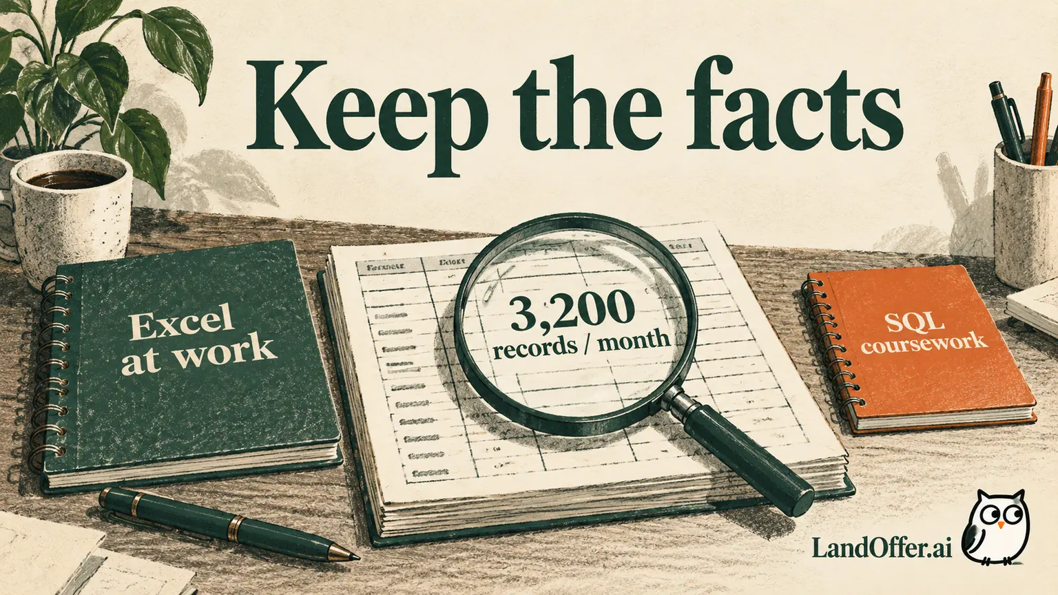 Illustration preserving about 3,200 records per month in a magnifier, with Excel employment separate from SQL coursework