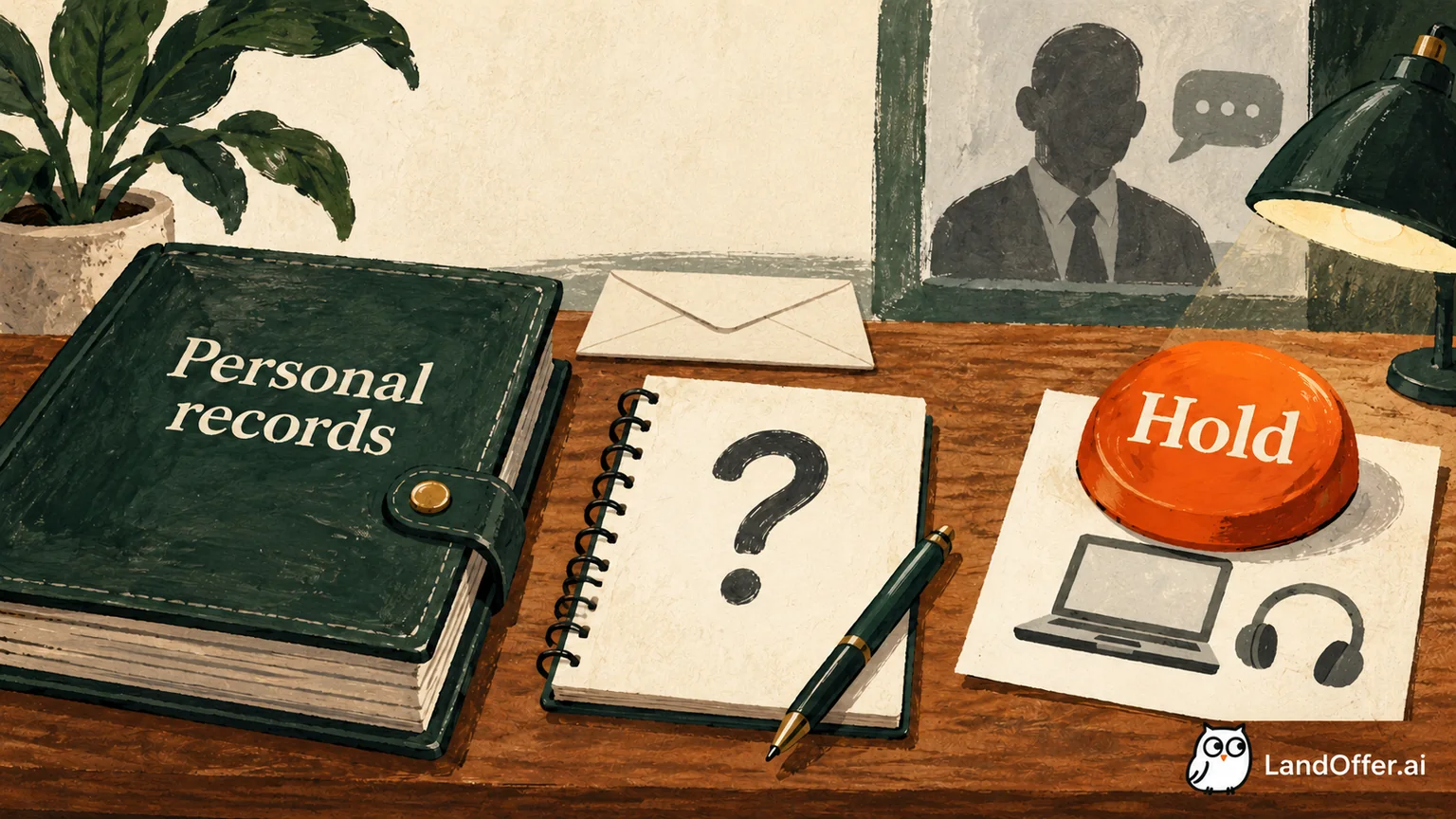 A closed personal-record folio sits apart from a payment request held under a large paperweight.