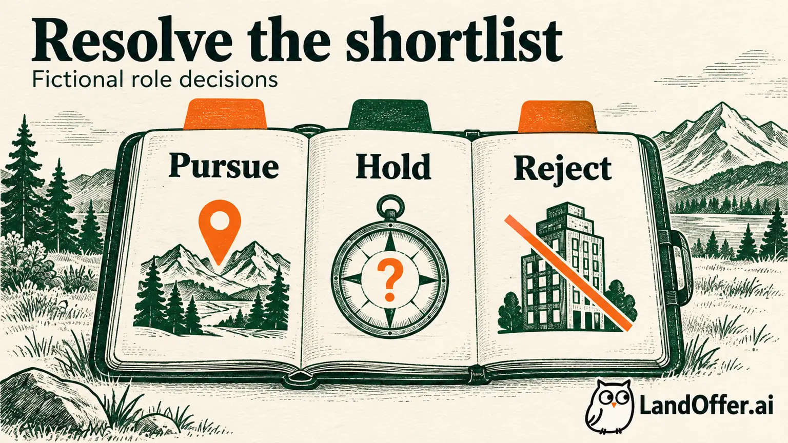 An illustrated field notebook resolves three fictional job dossiers into Pursue, Hold and Reject, with company appeal kept separate from the role's location requirements.